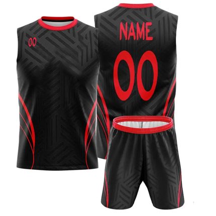 Customizable 7v7 uniform in black with red accents, featuring number 00 for team personalization.