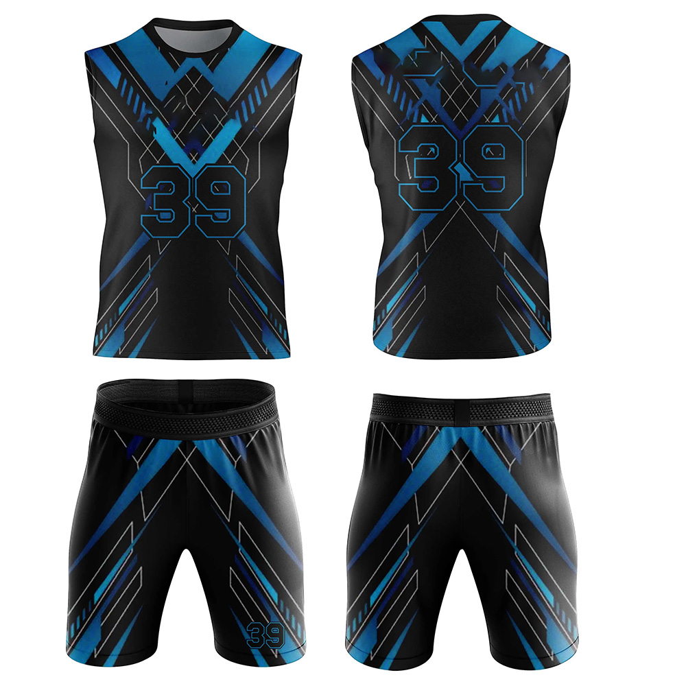 ZGS-7V7-004 Fully sublimated 7v7 uniform in blue and black with modern design and number 44 for athletes.