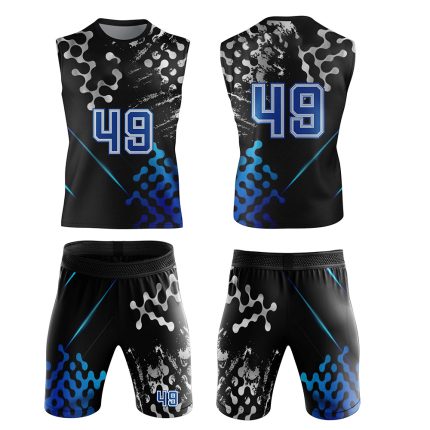 High-performance 7v7 uniform in black and blue with number 49 for athletic competition.