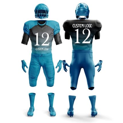 Teal and black American football uniform with helmet, gloves, jersey and pants