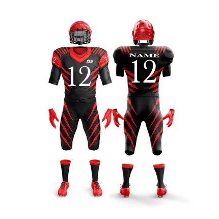 Black and red American football uniform with helmet, jersey and pants