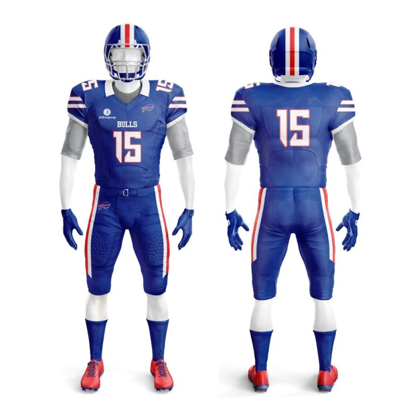 Blue American football uniform with white and red accents, helmet and pants