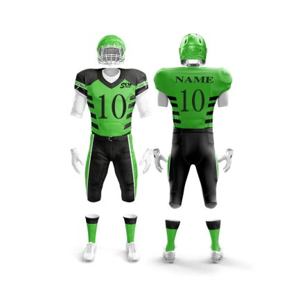 Green and black American football uniform with helmet, jersey and pants