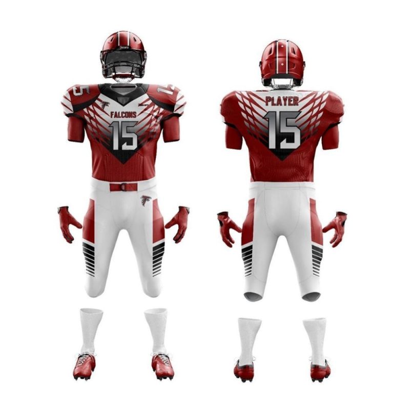 Red and white American football uniform with helmet, jersey and pants