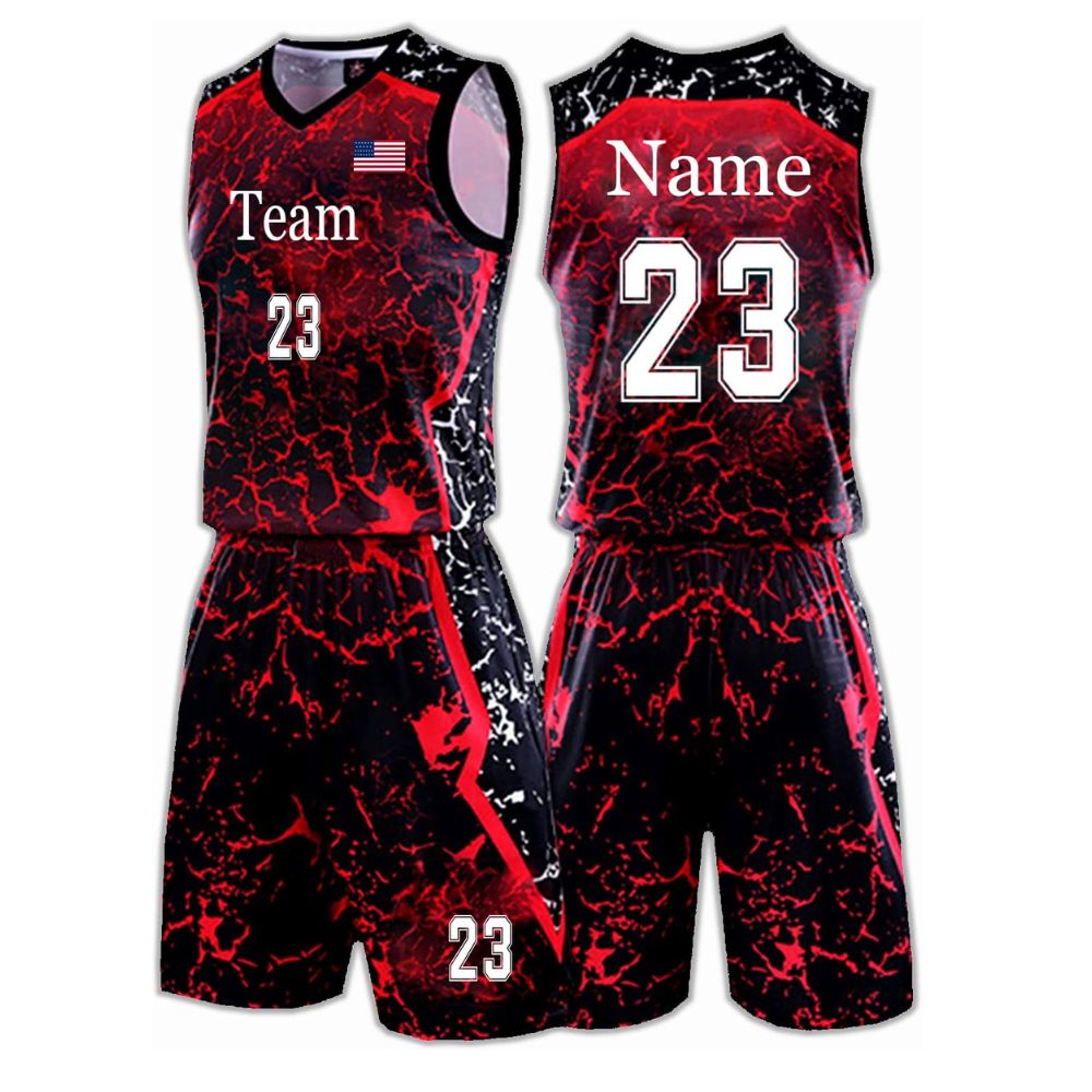 ZGS-BKU-002 Black and red graphic basketball uniform set with custom name and number