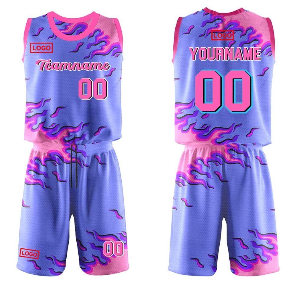 ZGS-BKU-007 Light blue and pink graphic basketball uniform set with custom name and number