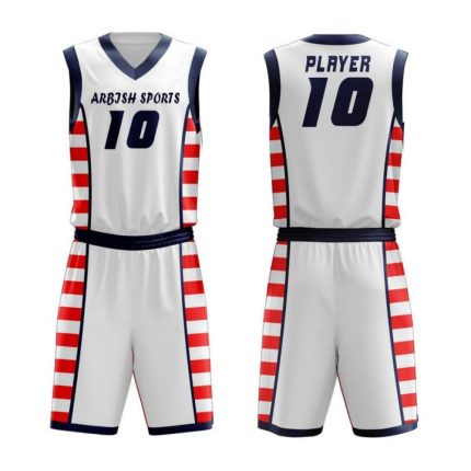 White basketball uniform with red and blue side stripes and custom name and number