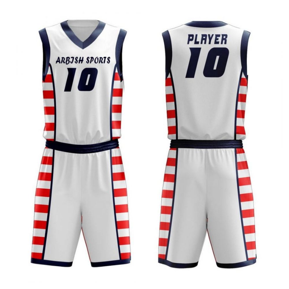 ZGS-BKU-009 White basketball uniform with red and blue side stripes and custom name and number