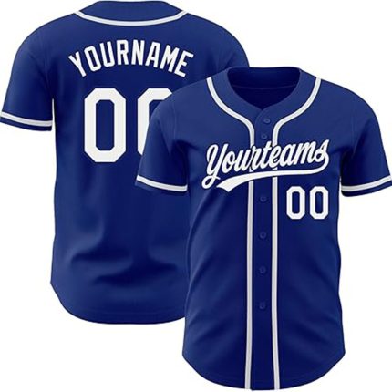 Blue baseball jersey with white piping and custom name and number