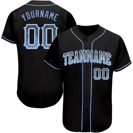 Black baseball jersey with light blue piping and custom name and number