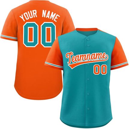 Orange and teal custom baseball jersey with name and number