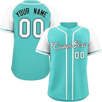 Teal and white custom baseball jersey with name and number