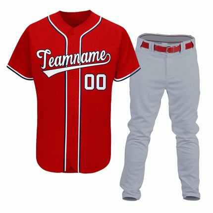 Red baseball uniform with white piping and grey pants