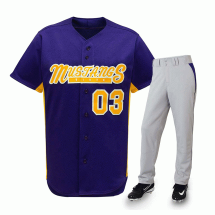 Purple baseball uniform with yellow script logo and grey pants