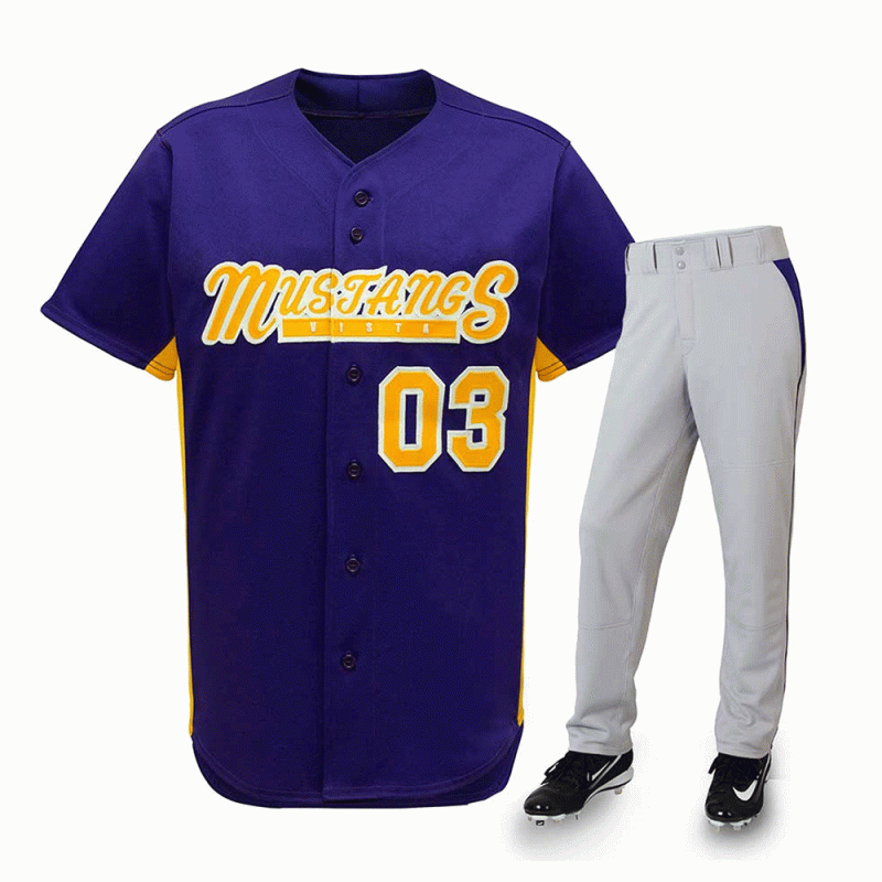 Purple baseball uniform with yellow script logo and grey pants