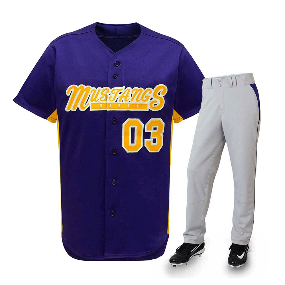 ZGS-BSB-008 Purple baseball uniform with yellow script logo and grey pants