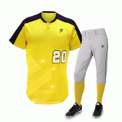 Yellow baseball uniform set with black shoulders and grey pants