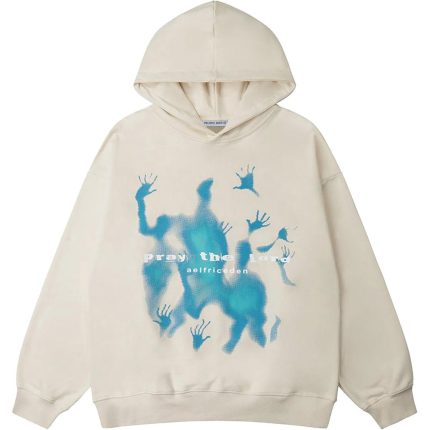 Cream hoodie with abstract blue graphic print
