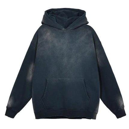 Dark blue hoodie with a minimalist design and front pocket