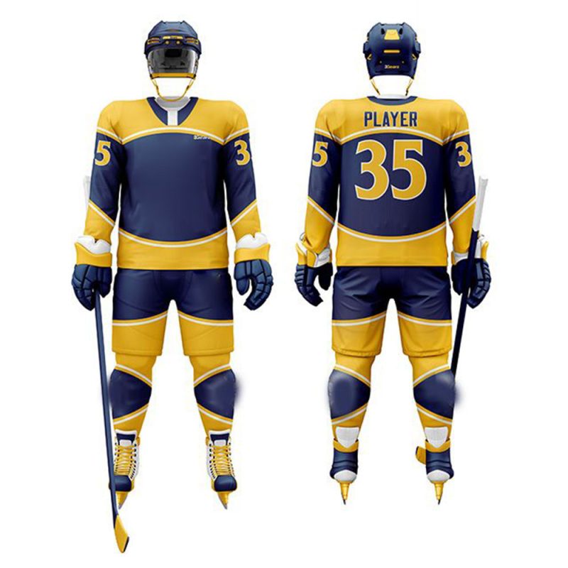 Navy and yellow ice hockey uniform with horizontal stripes and goalie number on back