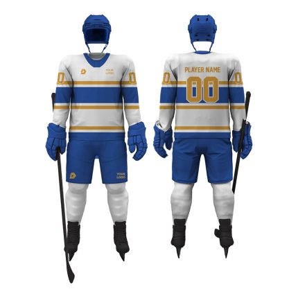 White, blue and gold ice hockey uniform with horizontal chest stripes