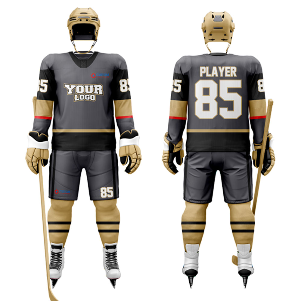 ZGS-IHU-004 Black and gold ice hockey uniform with player name and number on back