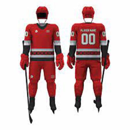 Red ice hockey uniform with black and white stripes and player number on back