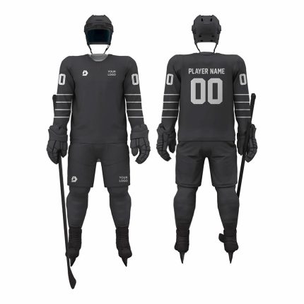All-black ice hockey uniform with subtle grey stripes and player number on back