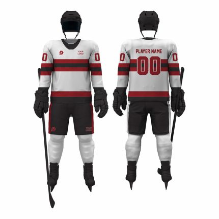 White and grey ice hockey uniform with red chest stripe and player number on back