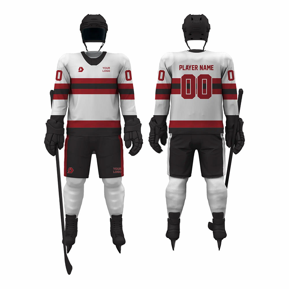 ZGS-IHU-007 White and grey ice hockey uniform with red chest stripe and player number on back