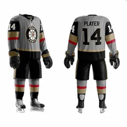 Black, white and grey ice hockey uniform with red accents and player number 14