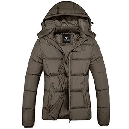 Beige puffer jacket with front zipper and hood