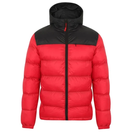 Red puffer jacket with black hood and front zipper
