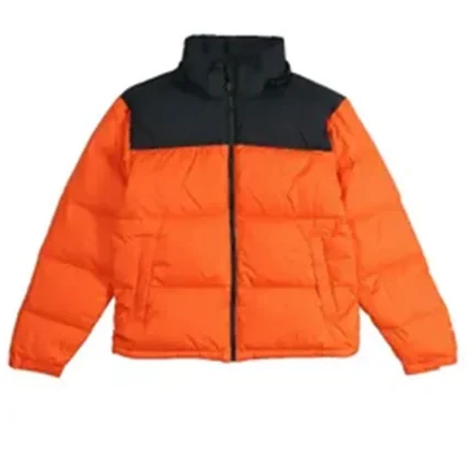 Orange and black puffer jacket with front zipper