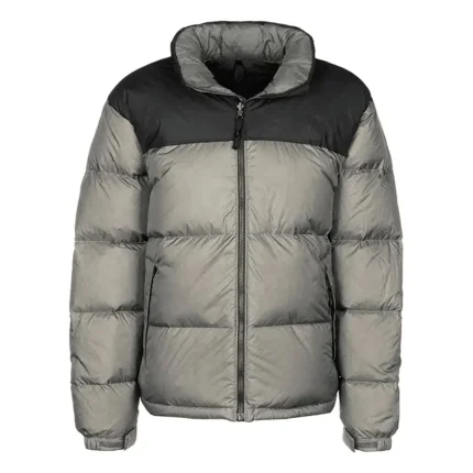 Gray puffer jacket with front zipper and hood