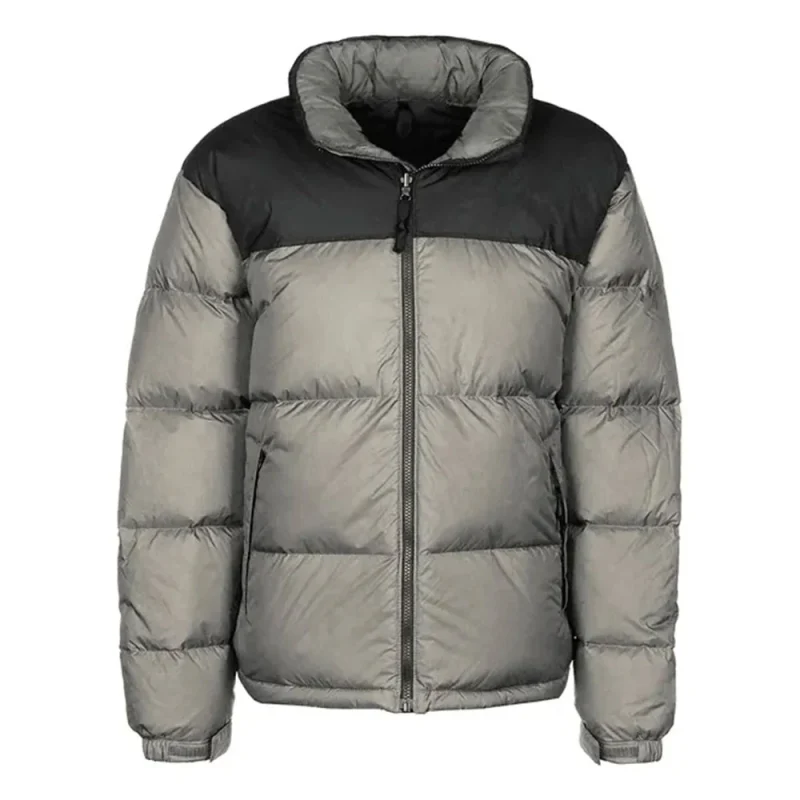 Gray puffer jacket with front zipper and hood