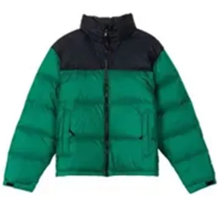 Green and black puffer jacket with front zipper