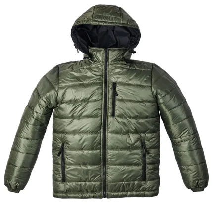 Green puffer jacket with front zipper and stand-up collar