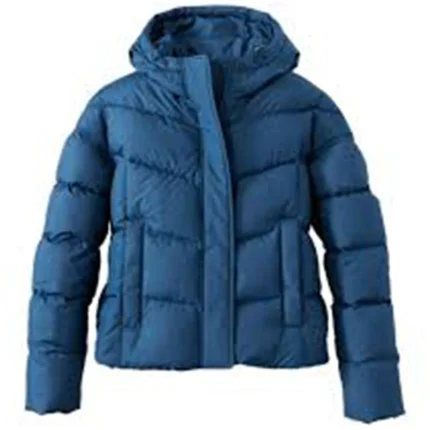 Blue puffer jacket with front zipper and hood