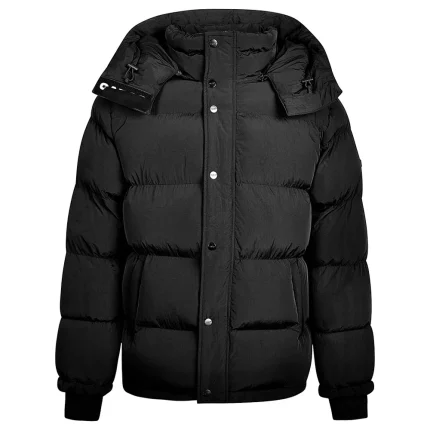 Black puffer jacket with hood and front zipper