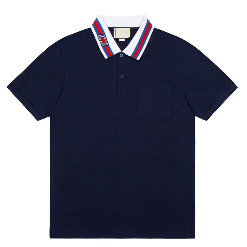 ZGS-POS-001 Navy blue polo shirt with striped collar detail