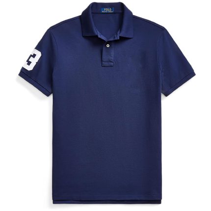 Navy blue polo shirt with logo on the sleeve and classic collar