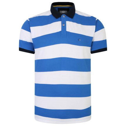 Blue and white striped polo shirt with a classic collar and short sleeves