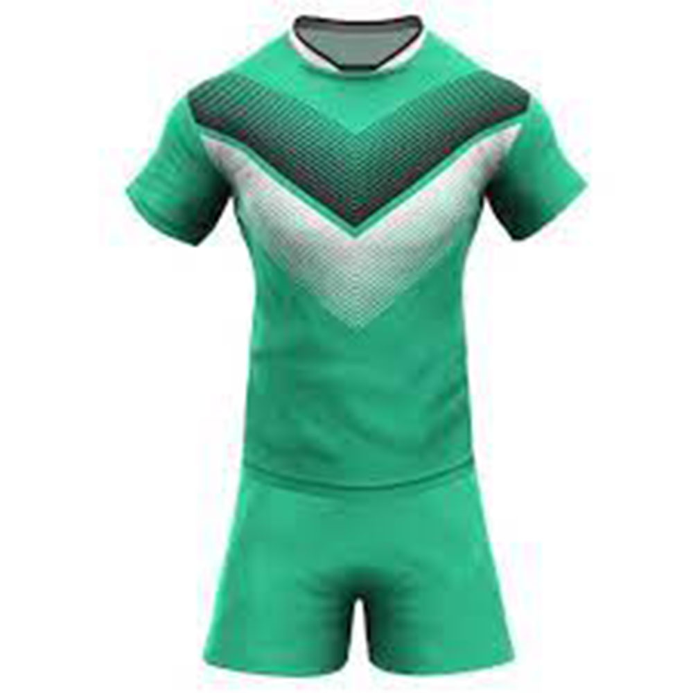 ZGS-RBU-003 Green fully sublimated rugby uniform with grey and white chevron design