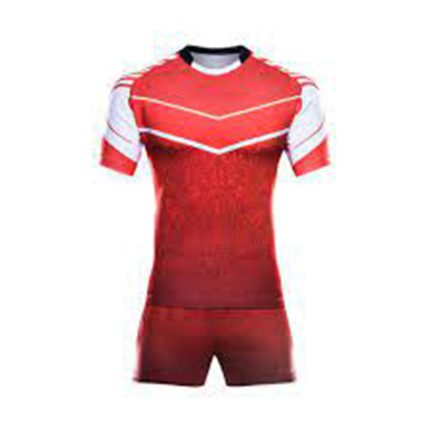 Red rugby uniform with white chest stripes and matching shorts