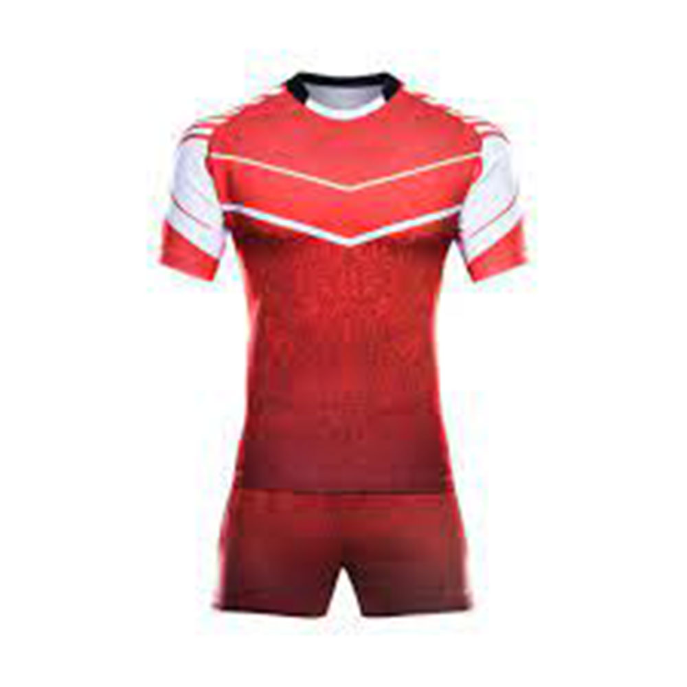 ZGS-RBU-004 Red rugby uniform with white chest stripes and matching shorts