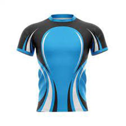 Blue and black athletic compression shirt with ergonomic design