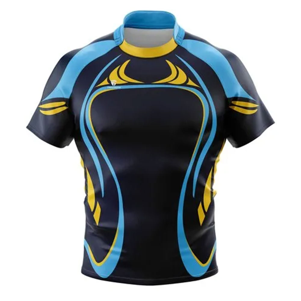 ZGS-RBU-008 Blue and yellow athletic compression shirt with dynamic design