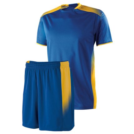 Blue and yellow soccer uniform set with jersey and shorts