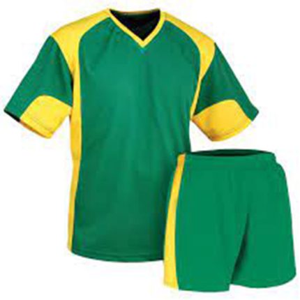 Green and yellow soccer uniform with jersey and shorts